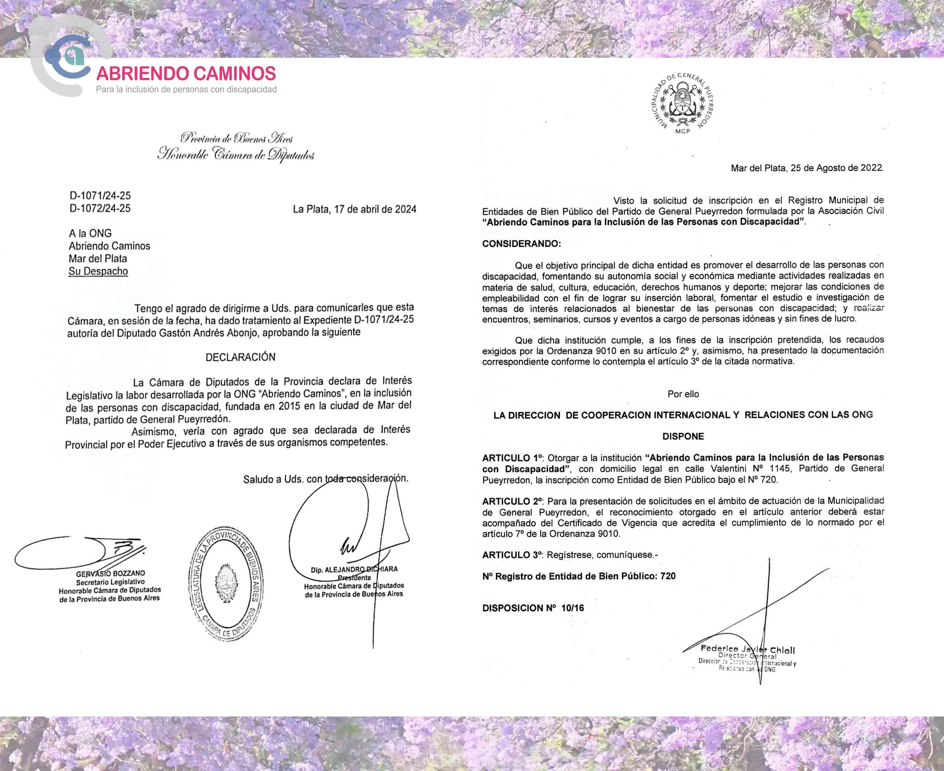 RECONOCIMIENTOS DE LA ONG ABRIENDO CAMINOS